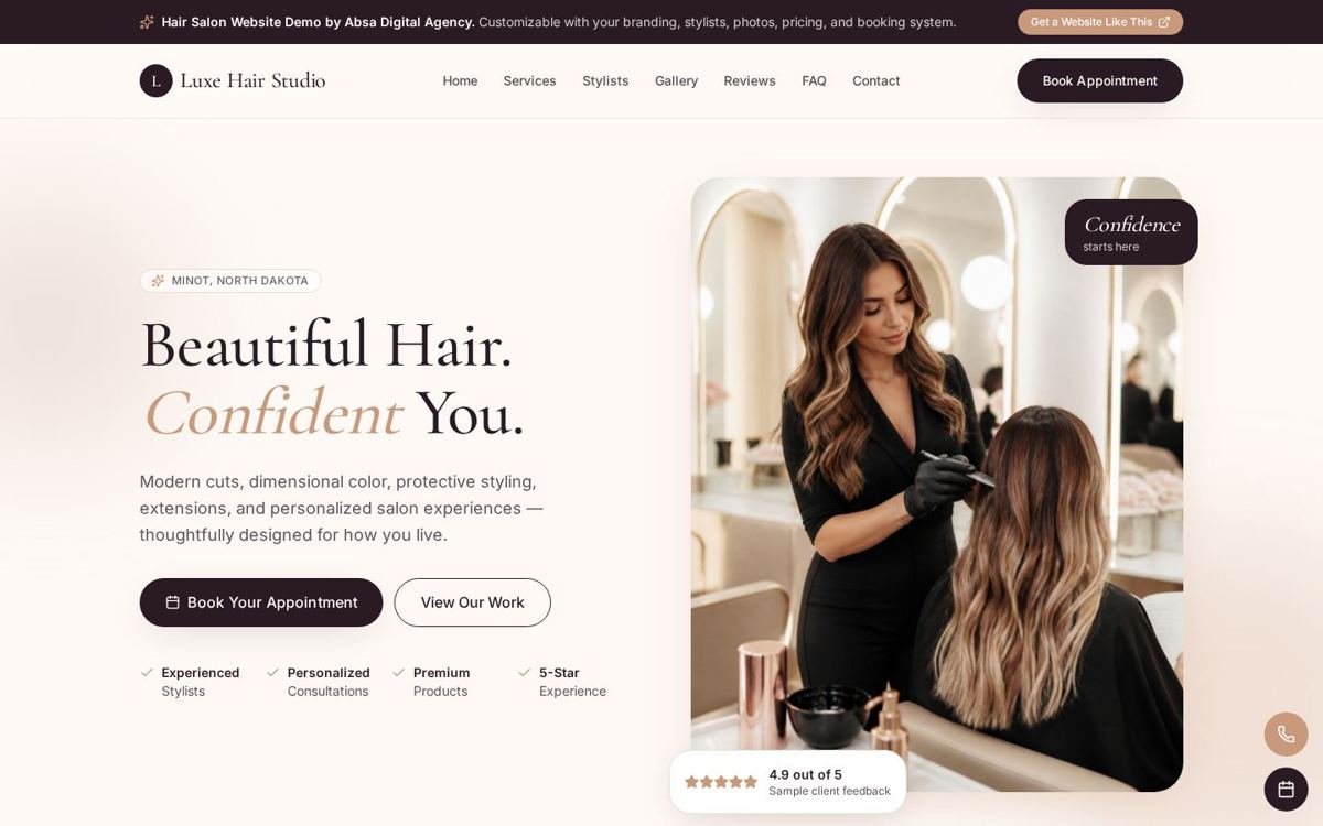 Luxe Hair Studio salon website homepage