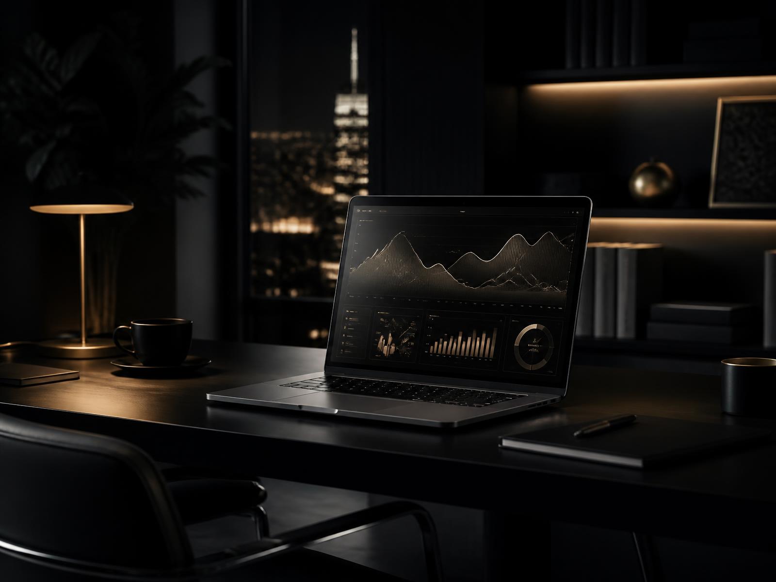 Premium dark workspace with an analytics dashboard on screen